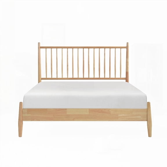 Natural Finish Mid-Century Modern Queen-Size Platform Bed - 1pc Bedroom Furniture, Vertical Slats Headboard & Ships in One Box