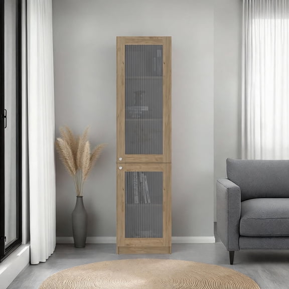 Natural Finish Particle Board Bookcase Cabinet, Tall Enclosed Storage for Display and Organization in Multiple Home Spaces
