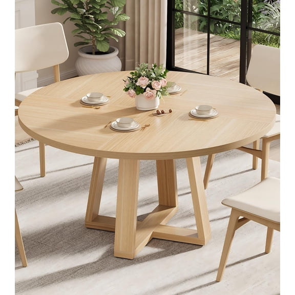 Natural Finish Round Dining Table With Cross Base, 47 Inch For 4-6 People