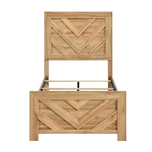 Natural Finish Rustic Twin Size Panel Bed with Chevron Pattern, Solid Wood Bedroom Furniture