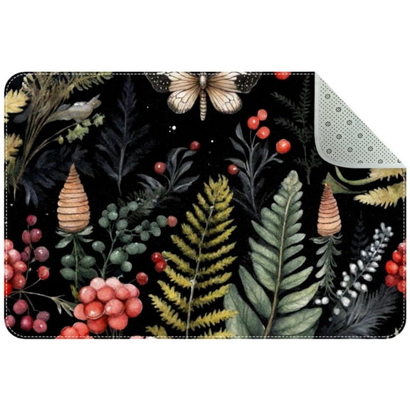 Natural Fir Branches Berries Flowers and Fern Small Area Rug, Non-Slip Door Mat Indoor Floor Mat, Washable Kitchen Rug Entrance DMat for Bedroom Living Room