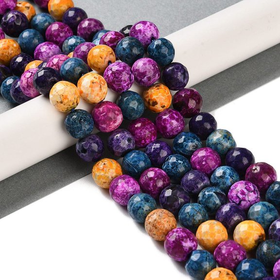 Natural Fire Agate Beads Strands Dyed Heated Faceted Round Mixed Color 10mm Hole: 0.8mm 37pcs/strand 14''(35.5cm)