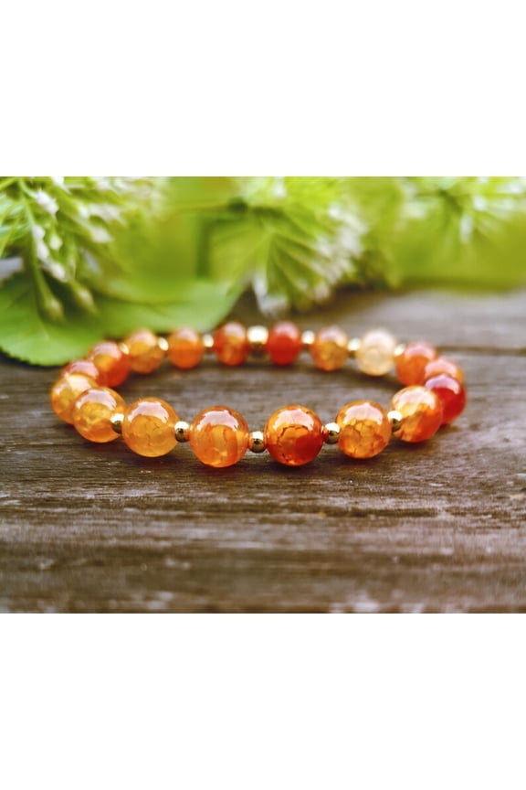 Natural Fire Crackle Agate 8mm Round Shape Smooth Cut Beads Stretchable Bracelet for Men & Women.