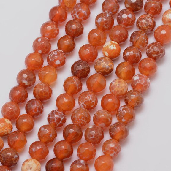 Natural Fire Crackle Agate Bead Strands Round Grade A Faceted Dyed & Heated Orange Red 8mm Hole: 1mm 47pcs/strand 15 inch