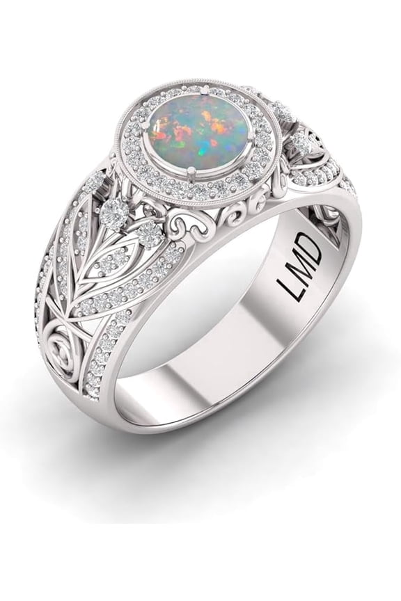 Natural Fire Opal Ring for Women, 6MM Round Cut 1.30 Carat Gemstone, 925 Sterling Silver Dainty October Birthstone Jewelry, Vintage Engagement Promise Ring Gift