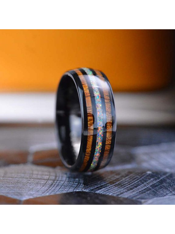 Natural Fire Opal Tungsten Wedding Ring With Hawaii Koa Wood, Size 12