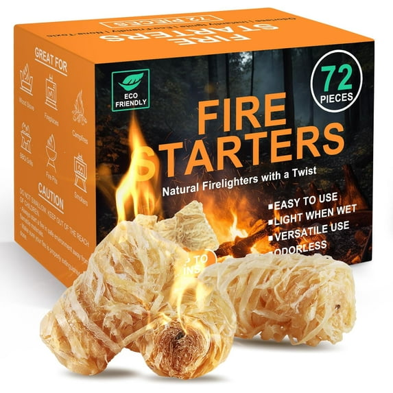 Natural Fire Starter for Campfires: All Weather Firestarters - Odorless Charcoal Starters Grill | Pit Indoor Fireplaces BBQ Wood Stove Smoker 72 Counts