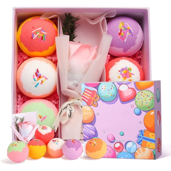 Natural Fizzing Bath Balls Gift Set 6 Pack - Aromatherapy Spa Kit with Soap Flowers for Women - Relaxing Bathtub Fizzies for Stress Relief and Self Care - Birthday Gift for Mom Wife Girlfriend