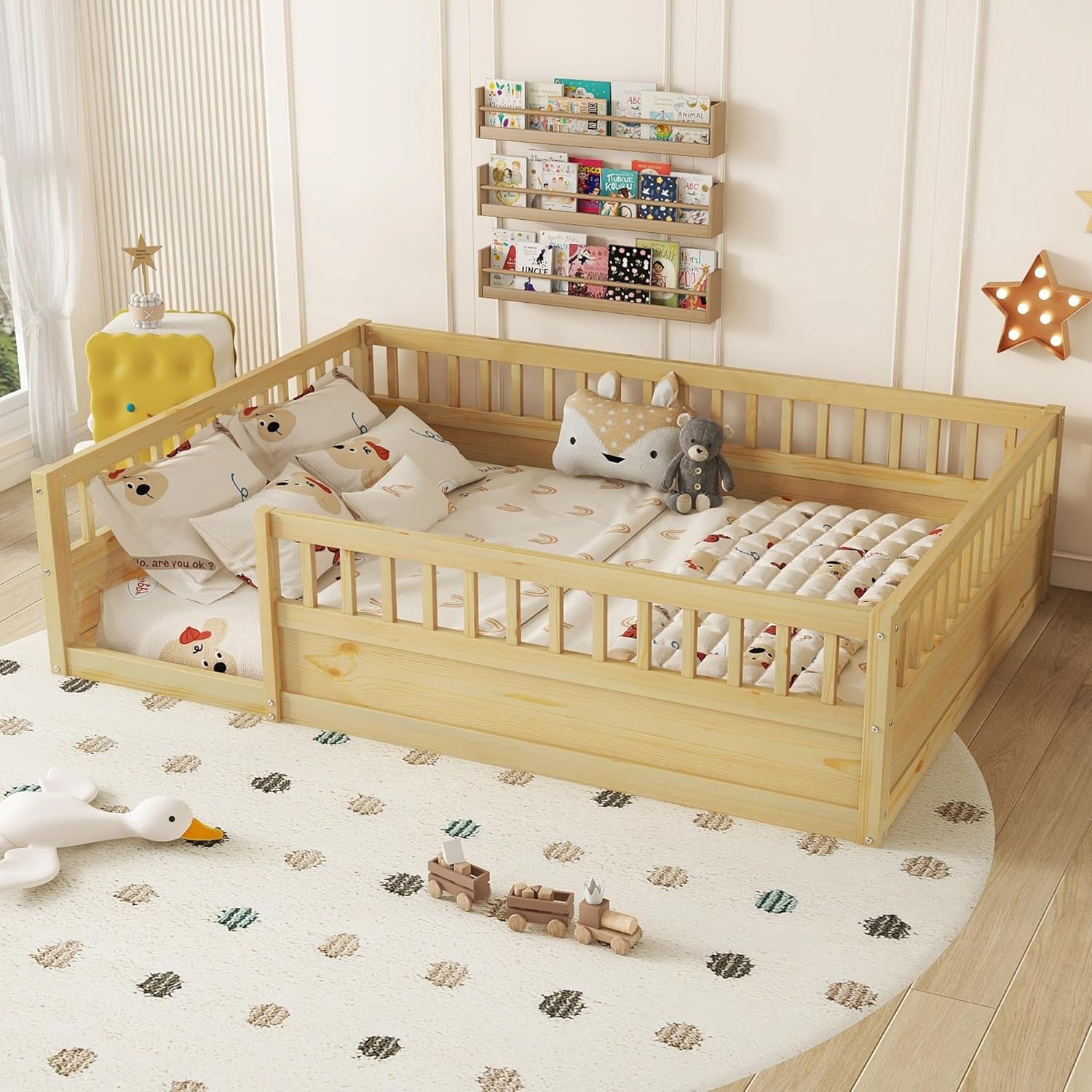 Natural Floor Bed, Full Size Montessori Beds with High Fence Railings ...
