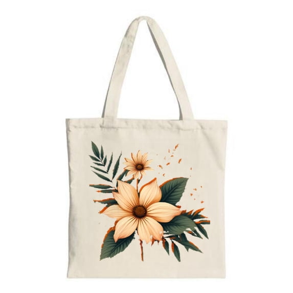 Natural Floral Canvas Tote Bag with Orange Flowers & Green Leaves Perfect for Shopping Travel & Parties - Stylish & Reusable