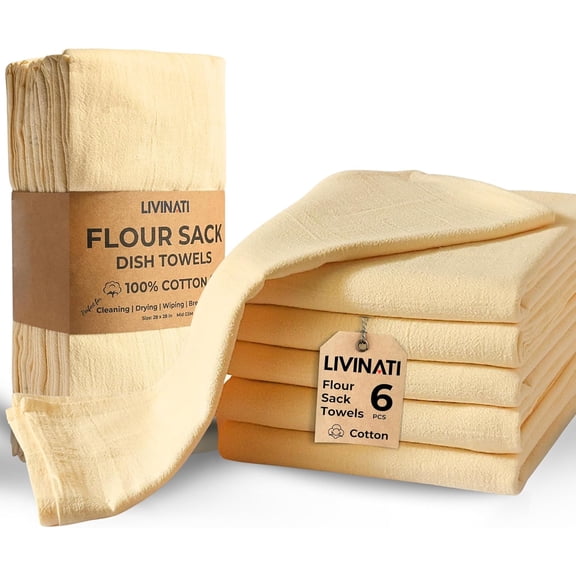 Natural - Flour Sack Tea Towels For Kitchen - For Embroidery Crafting Baking Sourdough Bread Proofing Drying Dishes - 28"X28" 100% Cotton - Bulk 6 Pack Mid Weight Plain Blank Flour Cloth Dish Towels