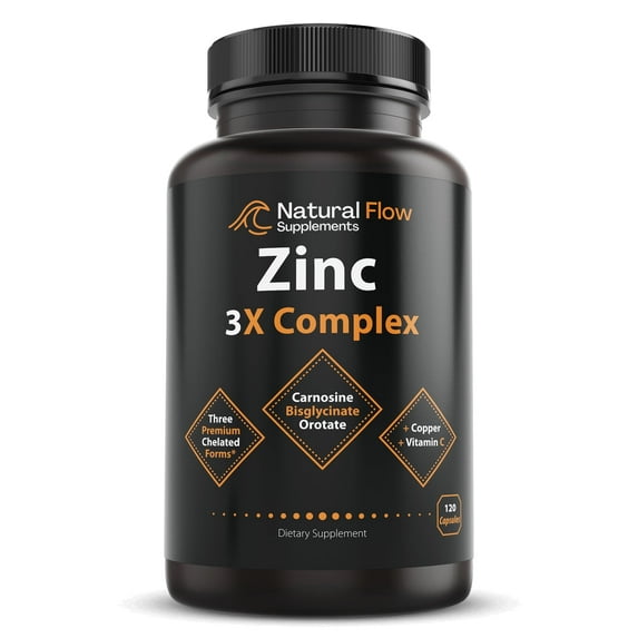 Natural Flow Supplements 3X Zinc Supplement Complex, Copper and Vitamin C Blend, Immune Support Aid, 120 Caps