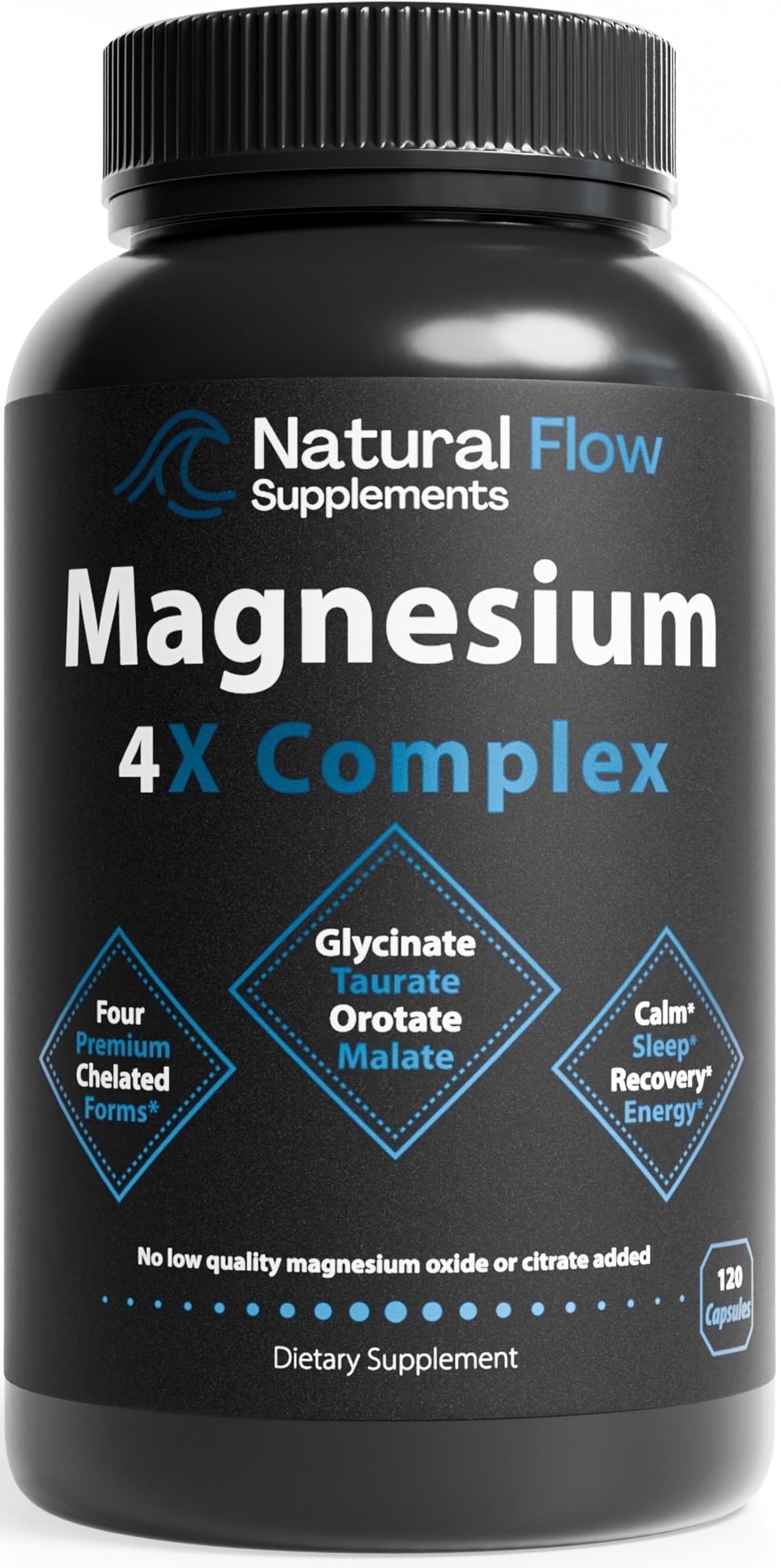 Natural Flow Supplements 4X Magnesium Glycinate, Taurate, Malate, Orotate Complex for Calm Sleep, 120 Caps