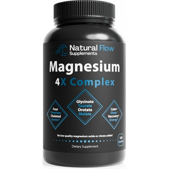 Natural Flow Supplements 4X Magnesium Glycinate, Taurate, Malate, Orotate Complex for Calm Sleep, 120 Caps