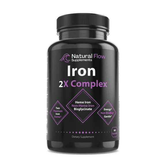 Natural Flow Supplements Iron 2-in-1 Premium Complete Complex, 2X Heme and Non-Heme Iron Blend Formula, 60 Caps