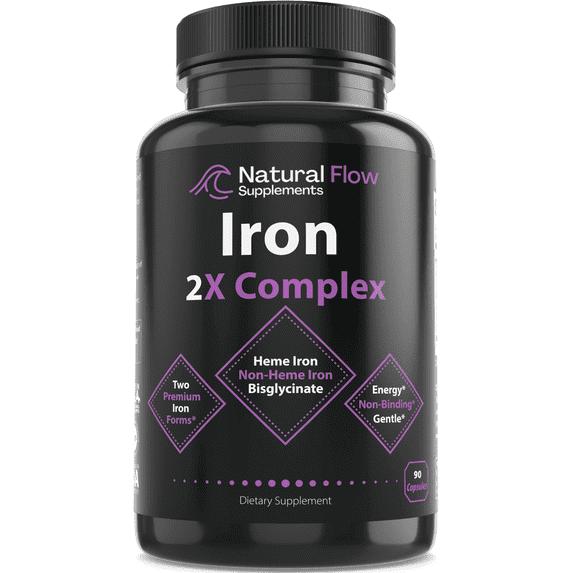 Natural Flow Supplements Iron 2-in-1 Premium Complete Complex, 2X Heme and Non-Heme Iron Blend Formula, 90 Caps