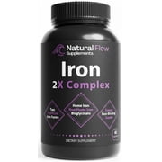 Natural Flow Supplements Iron Supplement 28 mg, Gentle Iron Bisglycinate & Heme Iron, Vitamin C, B12, Folate, 60 Capsules