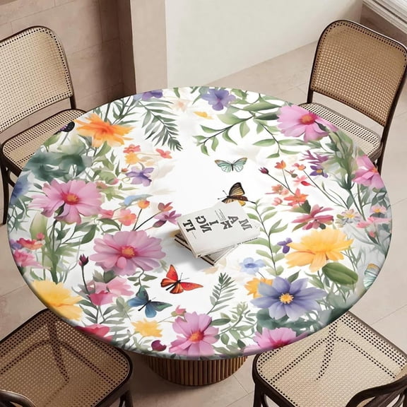 Natural Flower Butterfly Round Fitted Tablecloth with Elastic Round Elastic Tablecloth 40"-44" Fitted Table Cover Waterproof Wipeable Circle Table Cloth for Outdoor Picnic
