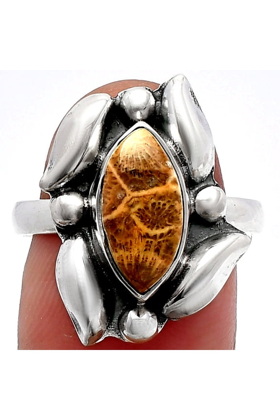 Natural Flower Fossil Coral 925 Sterling Silver Ring s.8 Jewelry R-1125 SDR229636