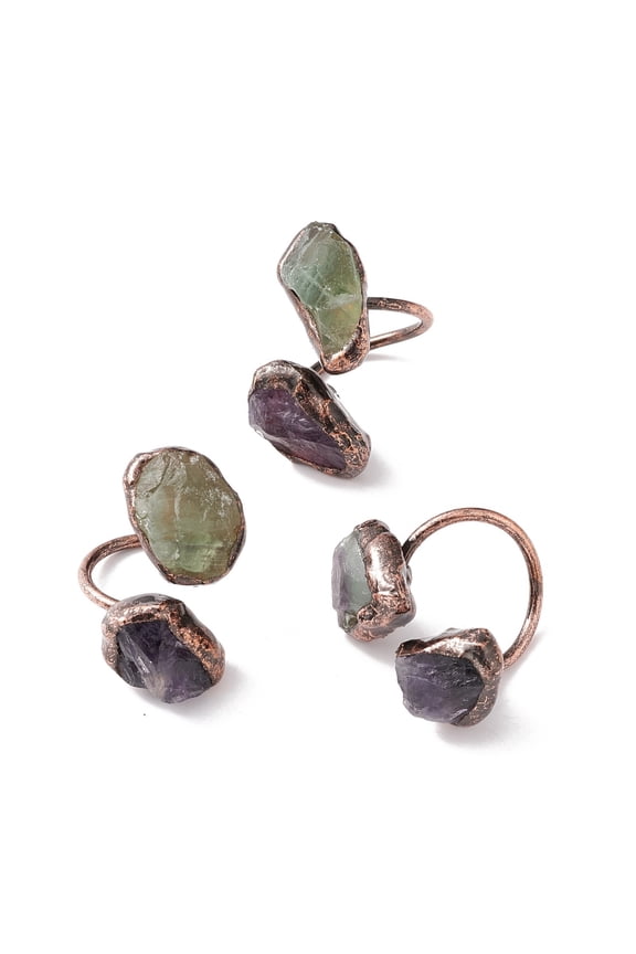 Natural Fluorite Amethyst Irregular Nugget Open Cuff Ring Red Copper Brass Chunky Ring for Women Cadmium Free Lead Free US Size 12 3/4(22mm)