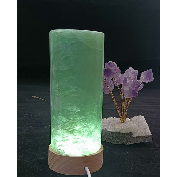 Natural Fluorite Crystal Night Lamp Handcrafted Crystal Light with Wooden Base, LED Light for Home Decor & Relaxation