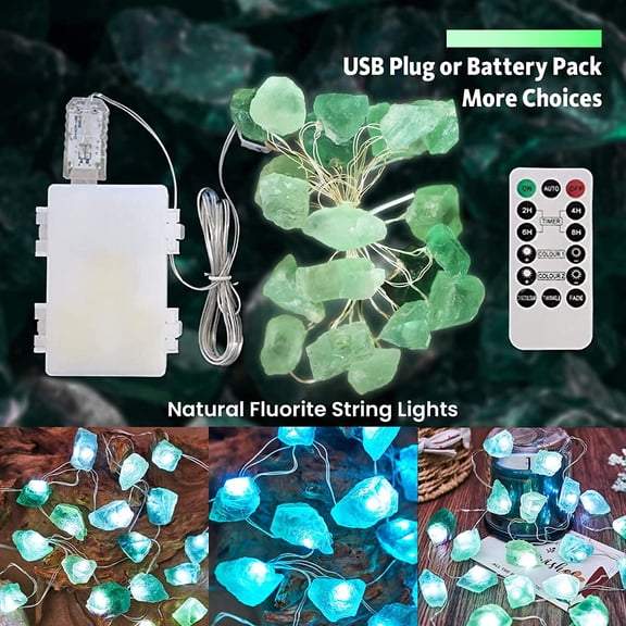 Natural Fluorite Crystal String Lights Indoor Color Change Novelty Geode Fairy Decorative Lights 9ft 20 LEDs Battery Operated or USB Plug in for Bedroom Mood Accent Christmas Decoration