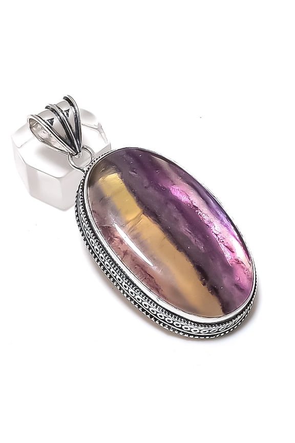 Natural Fluorite Gemstone 925 Sterling Silver Jewelry Pendant 2.56"