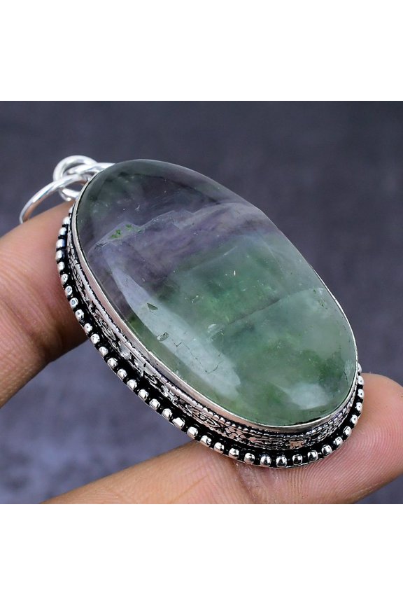 Natural Fluorite Gemstone Handmade 925 Steling Silver Jewelry Pendant 2.48"