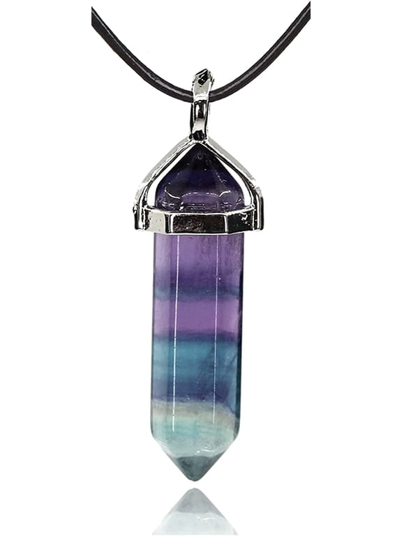 Natural Fluorite Gemstone Hexagonal Pointed Reiki Chakra Pendant Genuine Leather Necklace 18 Inch