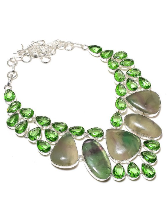 Natural Fluorite, Tsavorite Gemstone 925 Sterling Silver Necklace 18"