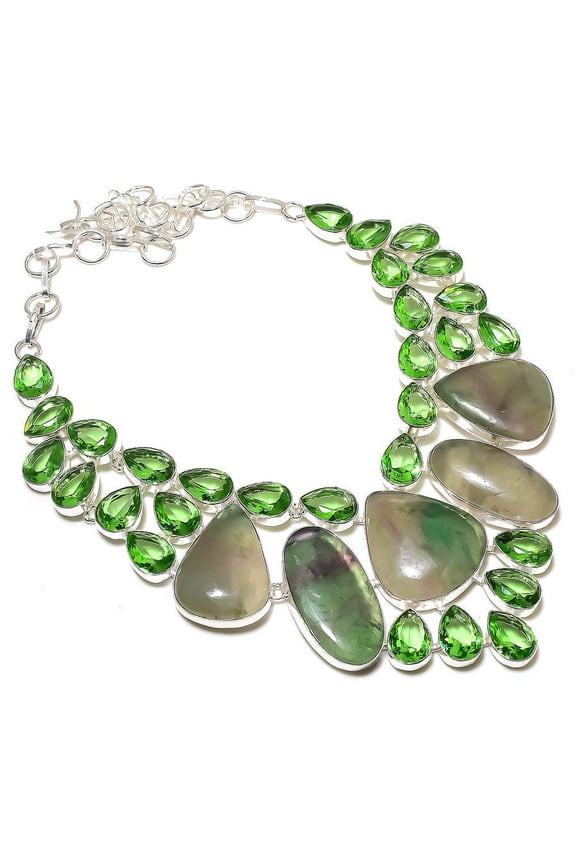 Natural Fluorite, Tsavorite Gemstone 925 Sterling Silver Necklace 18"