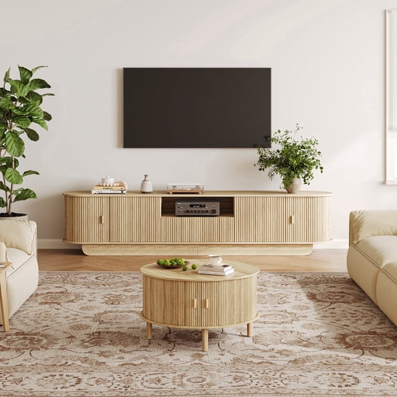 Natural Fluted TV Stand and Coffee Table 2-Piece Set, Modern Living Room Furniture Collection