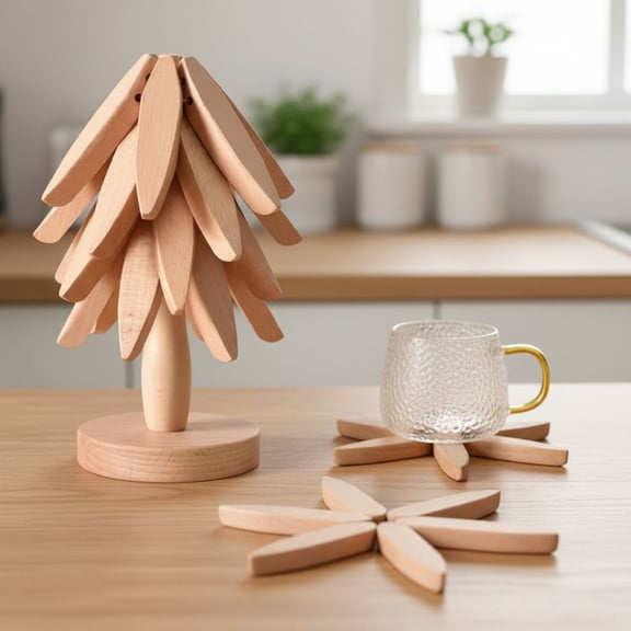 Natural Foldable Black Walnut Wooden Trivet Set - 4 Trivets + 1 Stand for Hot Dishes, Pot, Bowl, Teapot, Hot Pot Holders(Beech)