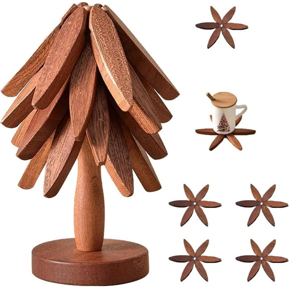 Natural Foldable Black Walnut Wooden Trivet Set - 4 Trivets   1 Stand for Hot Dishes, Pot, Bowl, Teapot, Hot Pot Holders