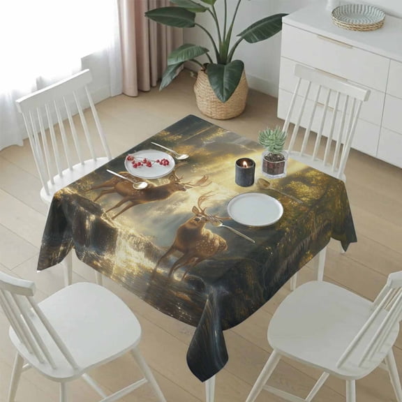 Natural Forest Farm Deer Sunlight Table Cloth 54x54in, Waterproof Square Tablecloth Wipeable Tablecloths Waterfall River Wild Scene Table Covers for Dining Tables Party Indoor Outdoor