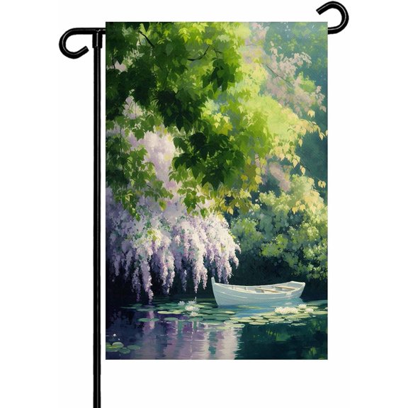 Natural Forest Landscape Artwork Garden Flags 12x18 Inch Double Sided Welcome Yard Flags for Outdoor Decor White Boat on Lake Scenery Yard Outside Seasonal Decoration