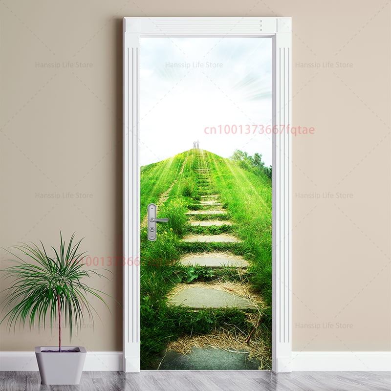 Natural Forest Stairsway Door Design Wallpaper Peel and Stick 3D Vision