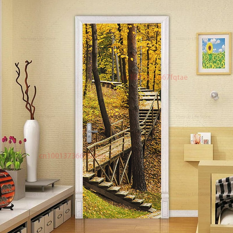 Natural Forest Stairsway Door Design Wallpaper Peel and Stick 3D Vision