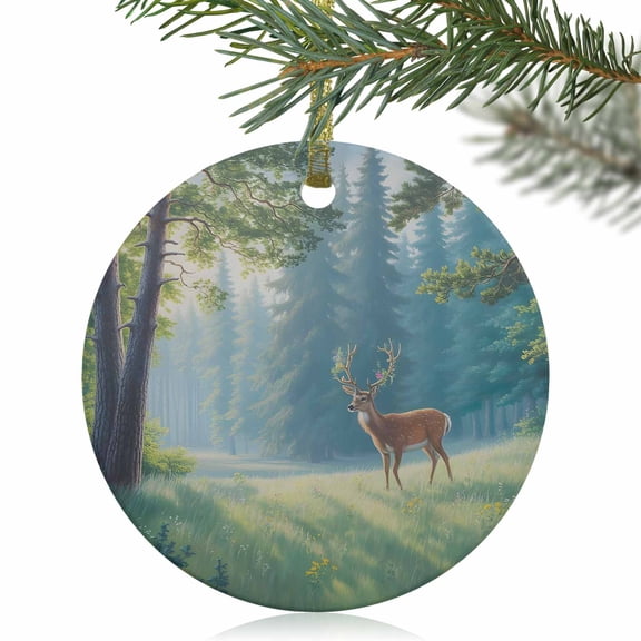 Natural Forest Trees Wild Elk Christmas Ceramic Ornament 2025,3" Round Xmas Tree Hanging Accessories with Gold Ribbon,Nature Scenery Pendant Ornaments for Holiday Gift Home Party Decor