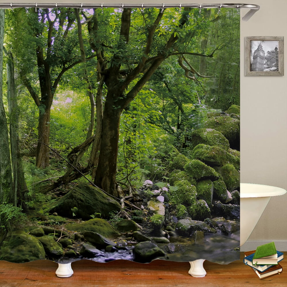 Natural Forest Waterfall Scenery Shower Curtain Bath Waterproof ...