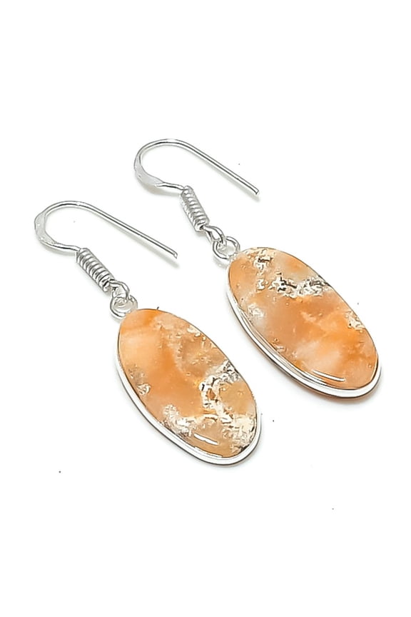 Natural Fossil Coral Gemstone 925 Sterling Silver Jewelry Earring 1.69"