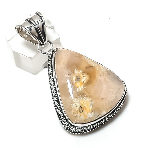 Natural Fossil Coral Gemstone 925 Sterling Silver Jewelry Pendant 2.01"