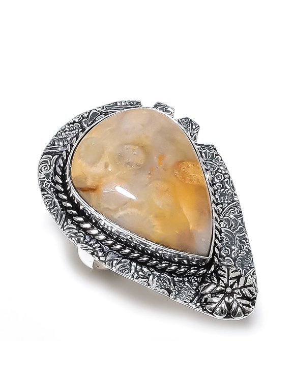 Natural Fossil Coral Gemstone 925 Sterling Silver Jewelry Ring Size 10