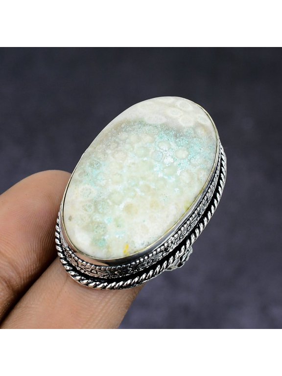 Natural Fossil Coral Gemstone 925 Sterling Silver Jewelry Ring Size 7