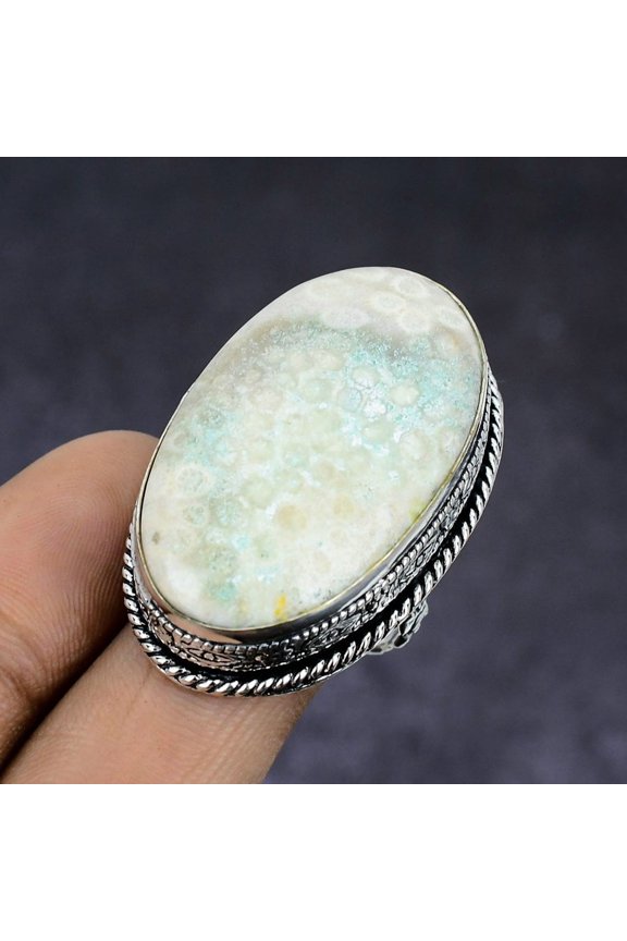 Natural Fossil Coral Gemstone 925 Sterling Silver Jewelry Ring Size 7