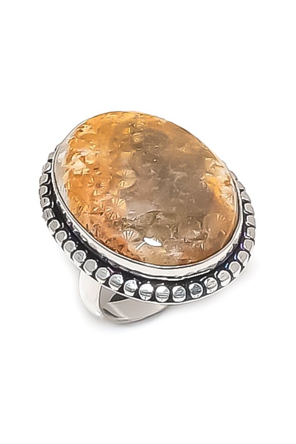 Natural Fossil Coral Gemstone 925 Sterling Silver Jewelry Ring Size 8.5