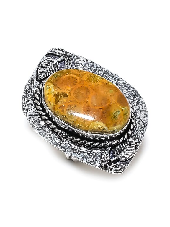 Natural Fossil Coral Gemstone 925 Sterling Silver Jewelry Ring Size 8