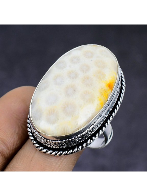 Natural Fossil Coral Gemstone 925 Sterling Silver Jewelry Ring Size 9.5