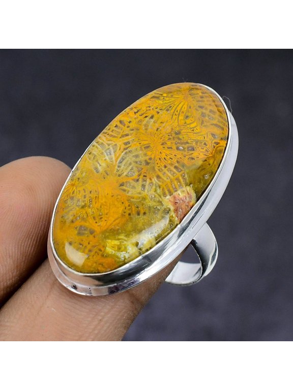 Natural Fossil Coral Gemstone 925 Sterling Silver Jewelry Ring Size 9