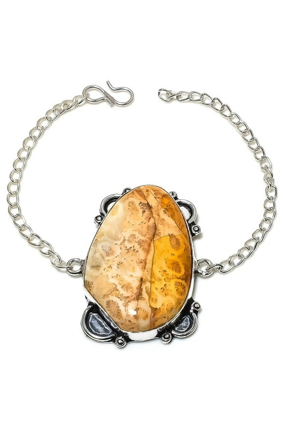 Natural Fossil Coral Gemstone Handmade 925 Sterling Silver Bracelet 7-8"